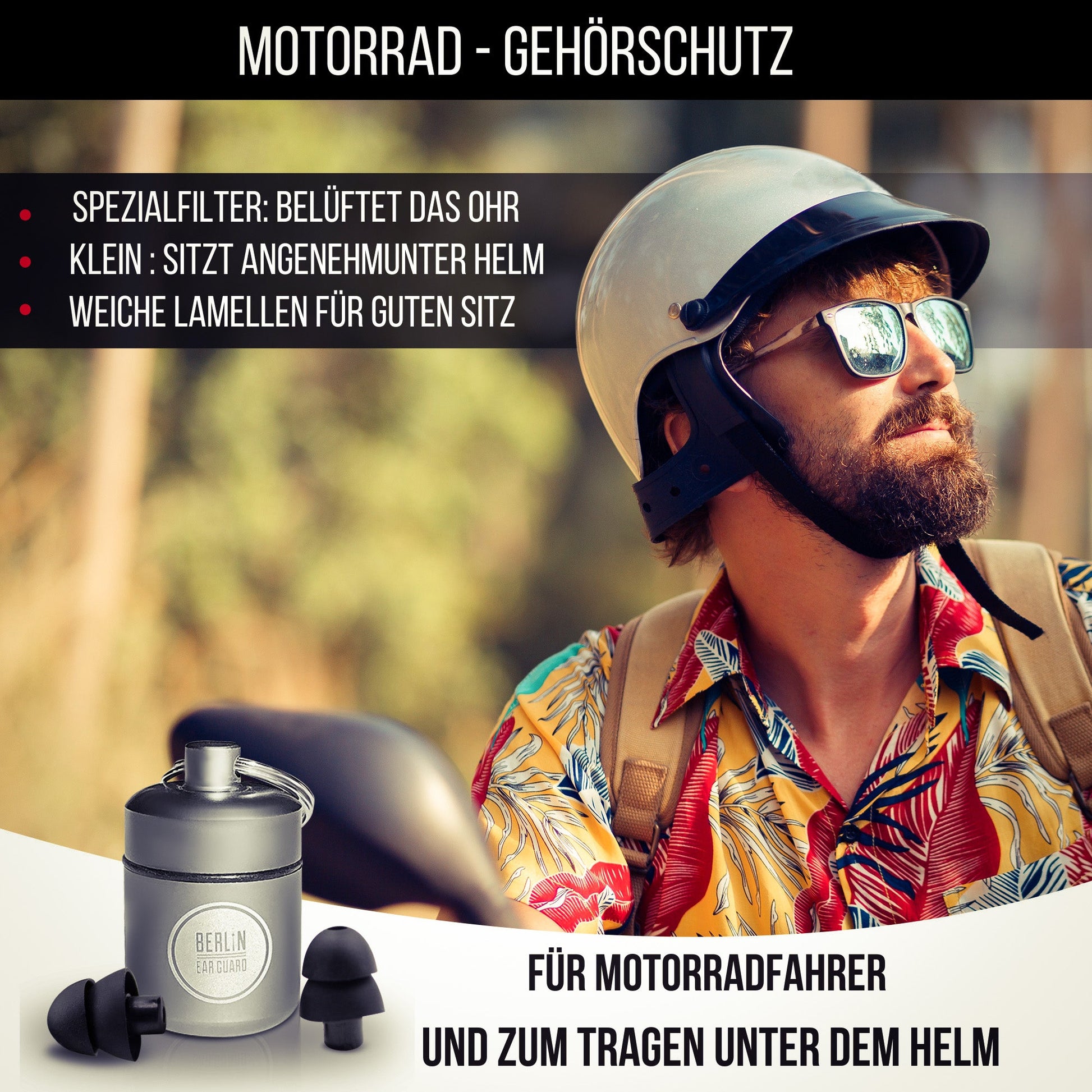 Motorrad - Ohrstöpsel Gehörschutz - Stöpsel "FEUERSTUHL" für unter Helm | 28dB - BERLIN EAR GUARD® OHRSTÖPSEL SHOP