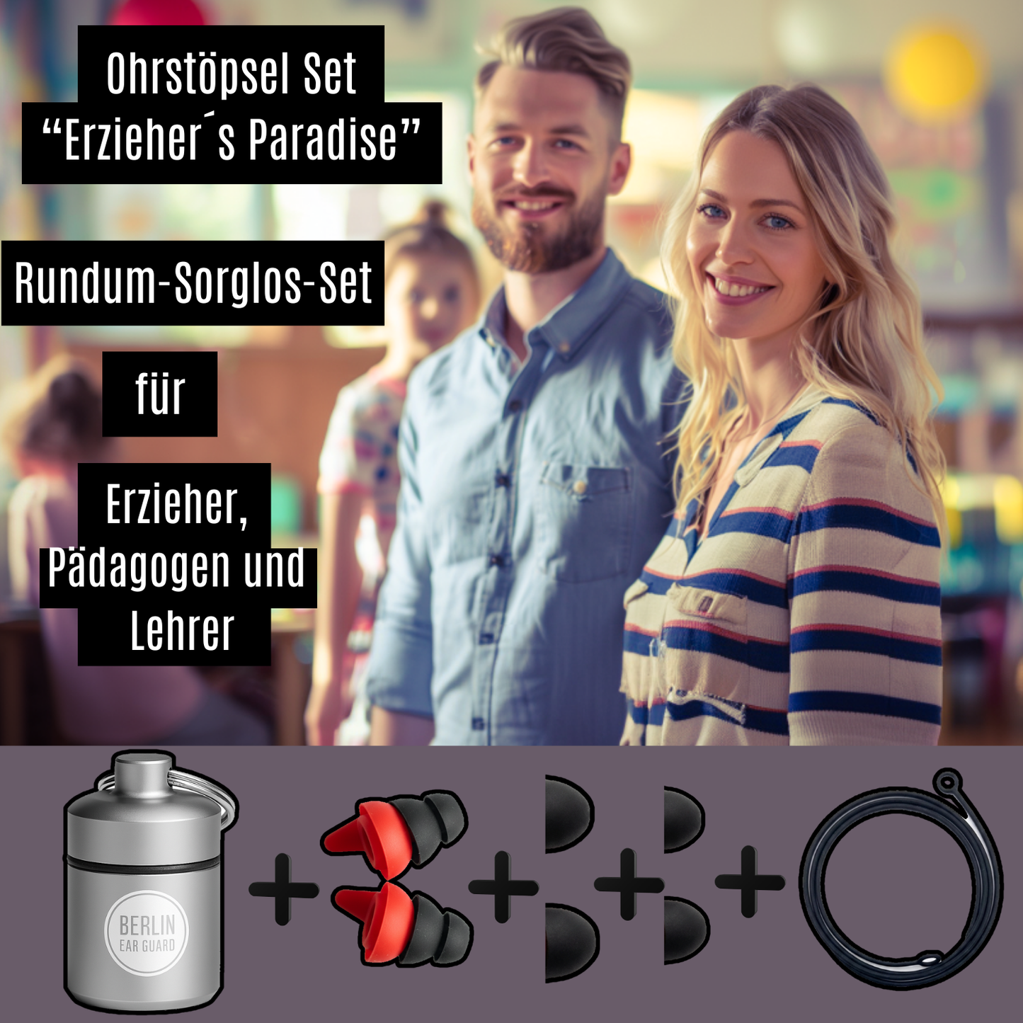 Ohrstöpsel "Erzieher ´s Paradise" | mit Band | 3 Aufsätze S + M + L | 22dB | Gehörschutz für pädagogischen Alltag