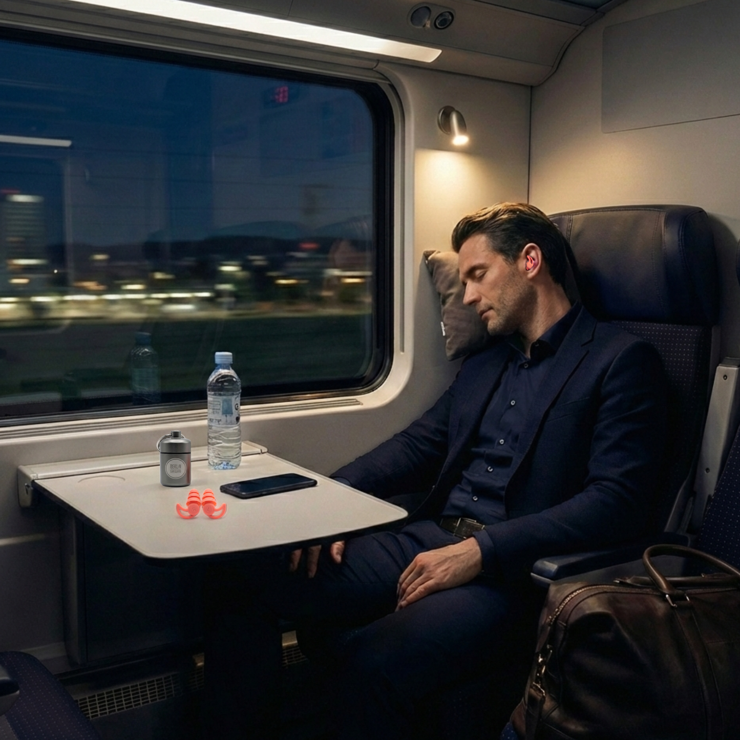 Ein Geschäftsmann schläft in der 1. Klasse eines Zuges. Er kann sich gut erholen, weil er die weichen Seitenschläfer Ohrstöpsel von Berlin Ear Guard zum Schlafen in Seitenlage trägt und ihn der Lärm deshalb nicht stört.