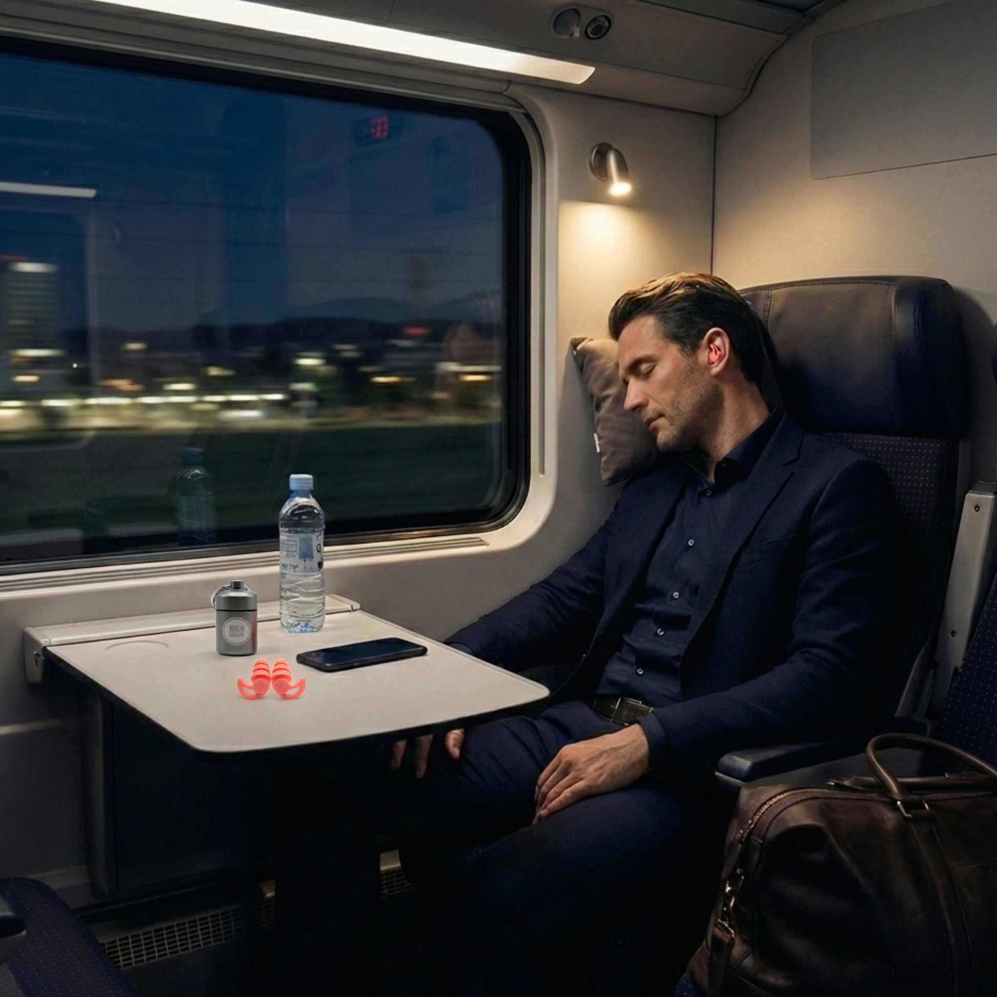 Ein Geschäftsmann schläft in der 1. Klasse eines Zuges. Er kann sich gut erholen, weil er die weichen Seitenschläfer Ohrstöpsel von Berlin Ear Guard zum Schlafen in Seitenlage trägt und ihn der Lärm deshalb nicht stört.