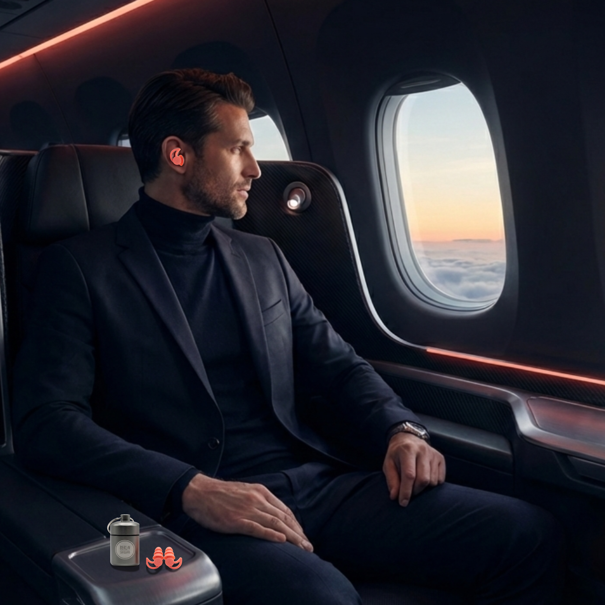Ein Geschäftsmann fliegt Business Class nach New Yourk. Er trägt die Seitenschläfer Ohrstöpsel von Berlin Ear Guard. Sie schützen vor dem Lärm und erleichtern auch den Druckausgleich.