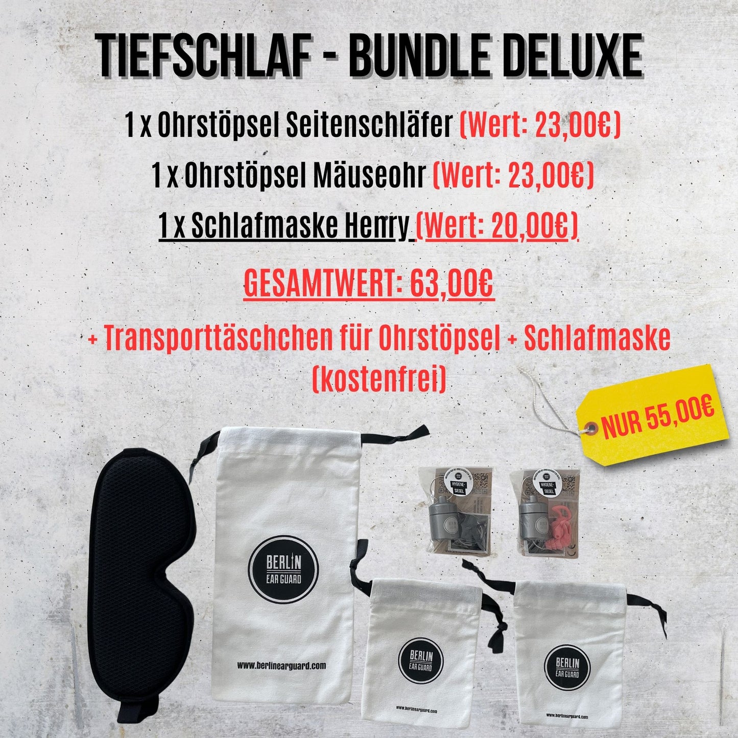 Tiefschlaf-Bundle Deluxe | Ohrstöpsel Seitenschläfer Pink | Ohrstöpsel Mäuseohr Schwarz | Schlafmaske Henry Schwarz | + Bonus