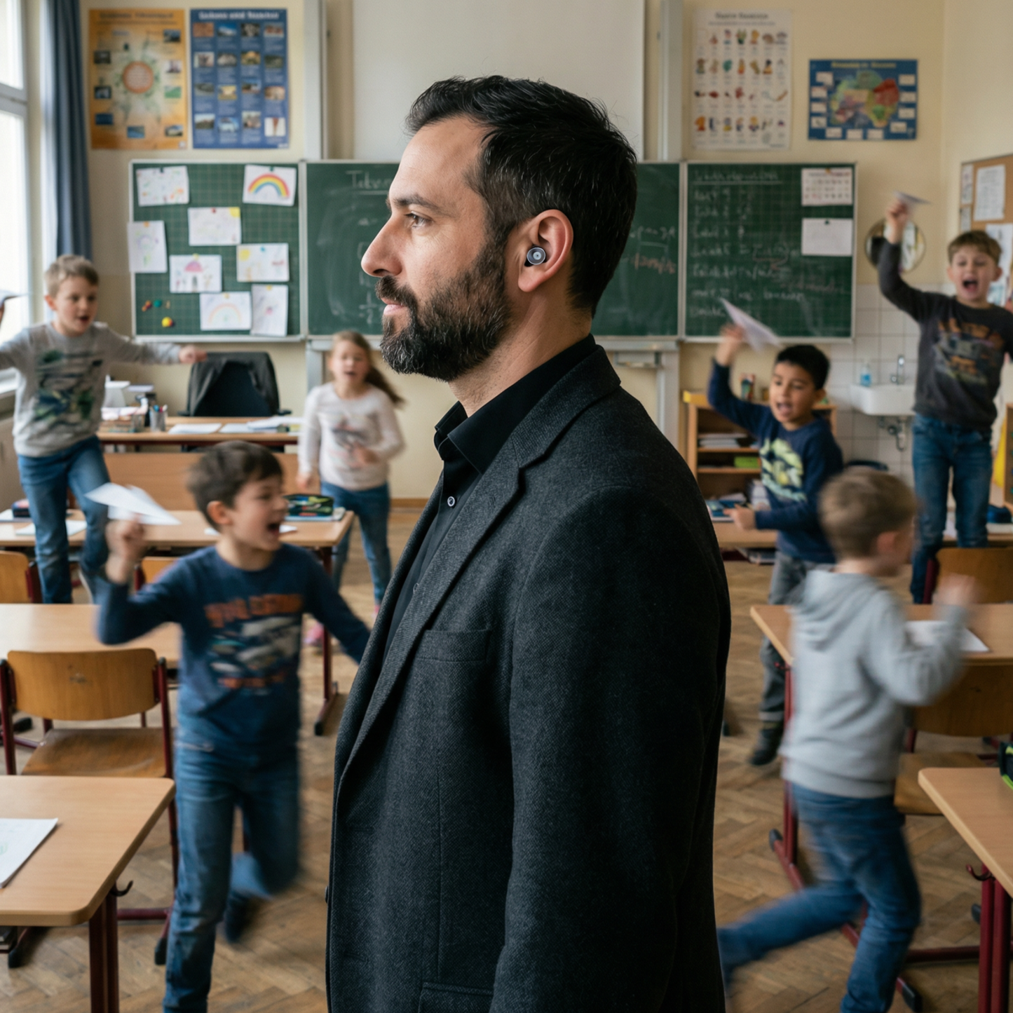 Ohrstöpsel "Lehrer in Neukölln" von Berlin Ear Guard werden von einem Pädagogen oder Erzieher im Klassenzimmer getragen, sodass ihm der Kinderlärm egal ist. Im Hintergurnd sind tobende Kinder in einem Klassenzimmer zu sehen.